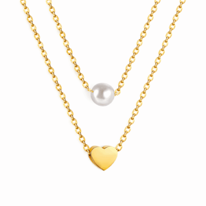 Double Chain Heart And White Pearl Pendant Necklace