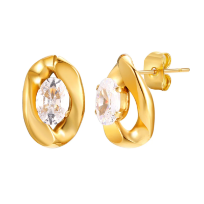 Stainless steel oval white zirconia earring