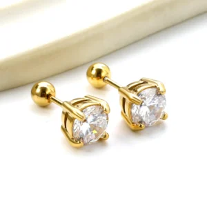 Steel Bead Screwback Round Earrings with White Diamonds