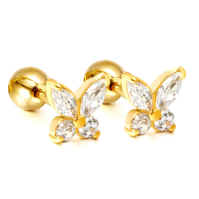 Steel ball screw-in butterfly with white diamond earrings